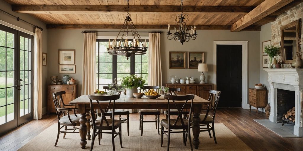 Farmhouse dining room with chandelier