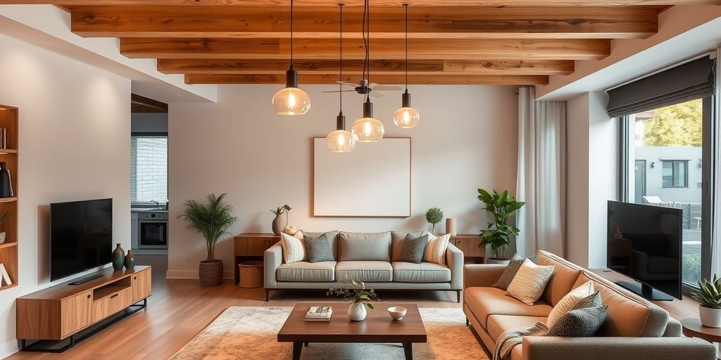 Living room with dimmable pendant lights