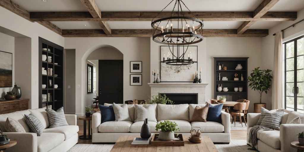 Farmhouse chandelier in a stylish living room