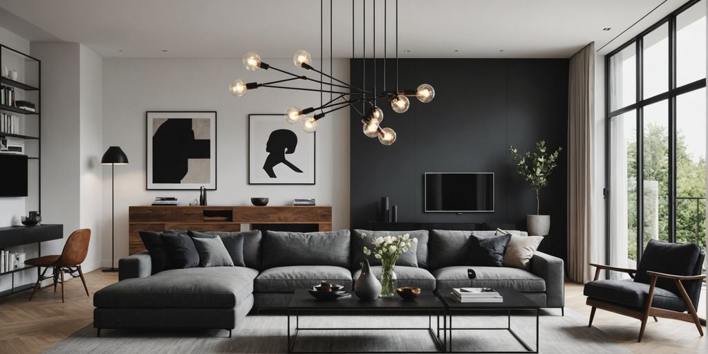 Black modern chandelier in a stylish living room