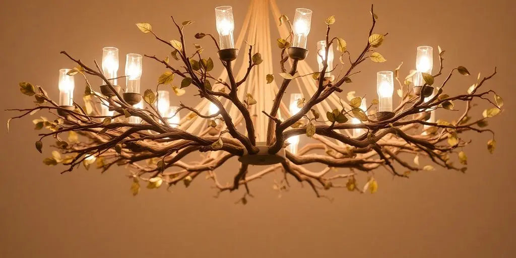 Nature-inspired chandelier with branches and leaves illuminated.