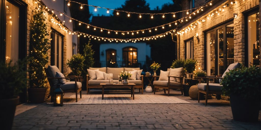 Patio adorned with waterproof fairy lights for a magical evening.