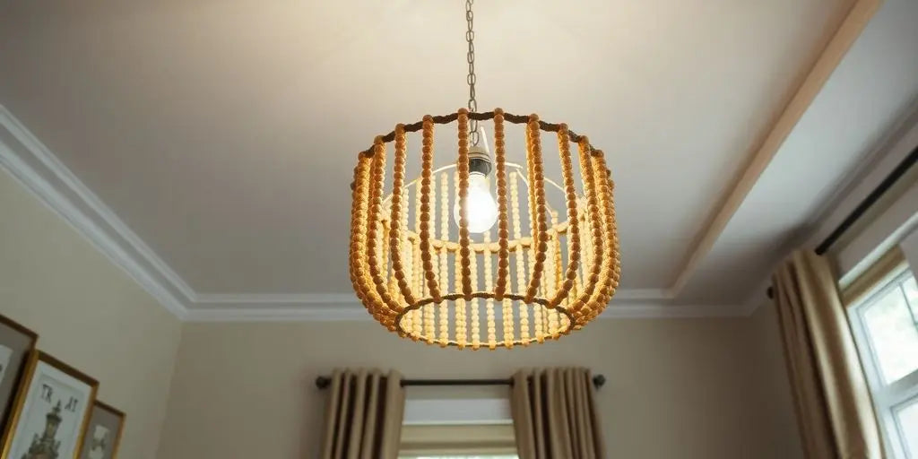 Elegant wood bead chandelier illuminating a stylish room.