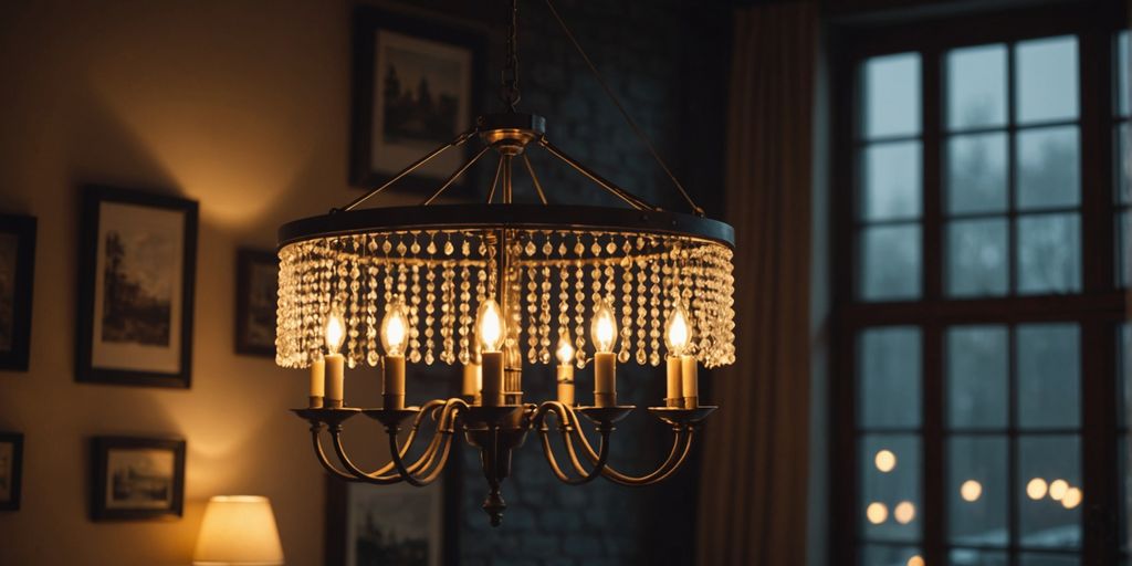 DIY rustic chandelier in a cosy, dimly-lit room.