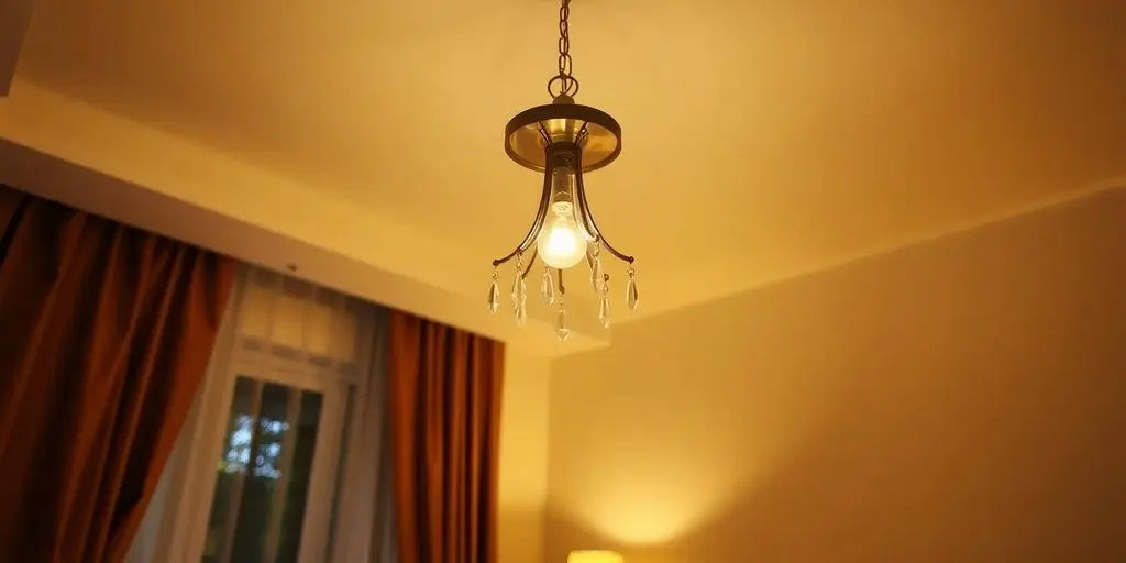 Elegant small chandelier illuminating a stylish bedroom.