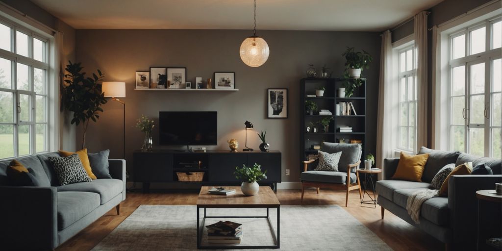 Living room with modern lighting and natural light.