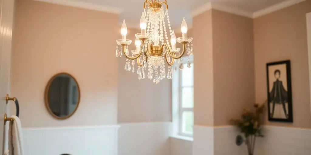 Elegant small chandelier in a stylish bathroom.