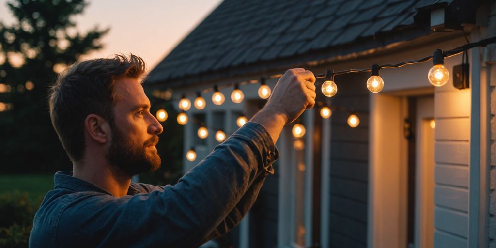 Installing outdoor lights safely on a house at sunset