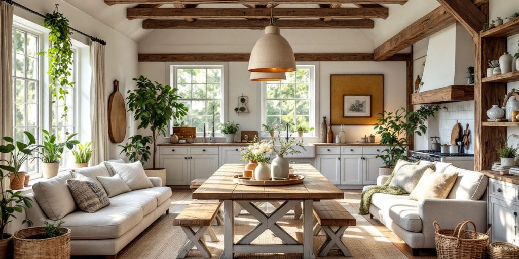 Cozy farmhouse interior with rustic decor and natural light.