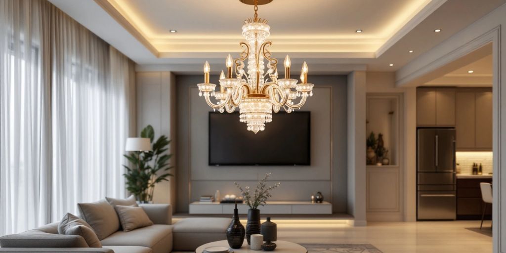 Modern luxury chandelier enhancing living room elegance.