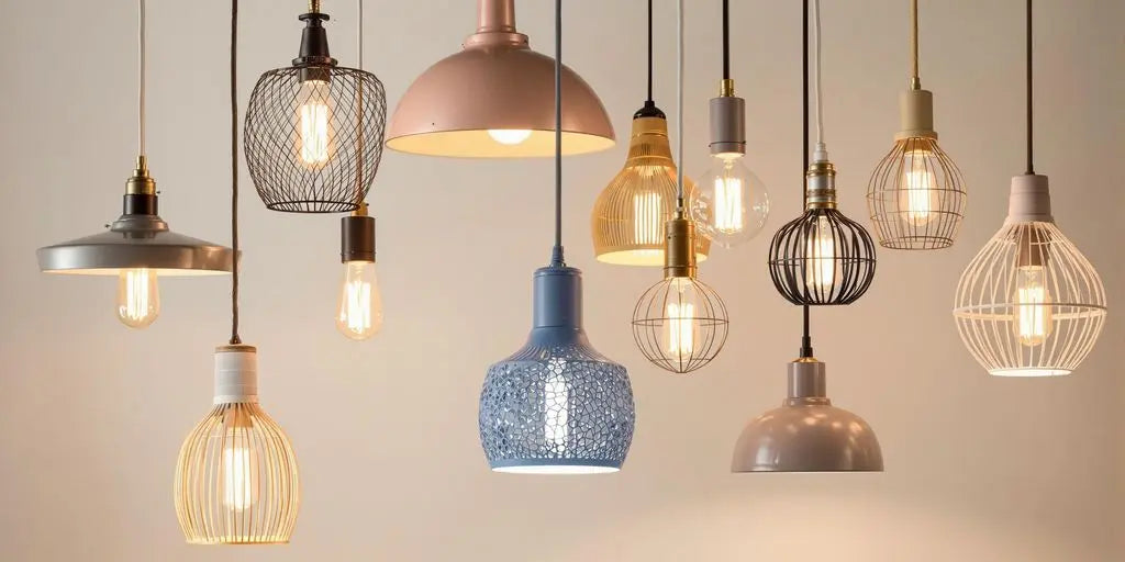 Variety of stylish hanging lights in a cozy interior.