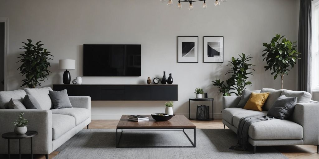 Modern minimalist living room with clean lines and decor.