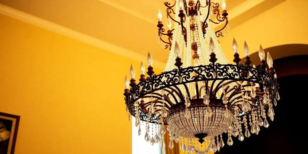 Elegant large chandelier with sparkling crystals and warm light.