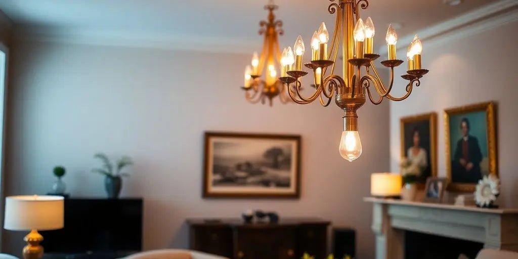 Stylish chandelier illuminating a cosy living room.