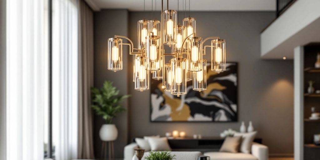 Contemporary chandelier illuminating a modern living space.