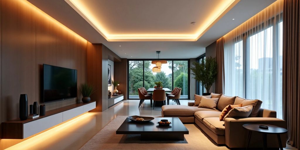 Modern living room with sleek ceiling lights.