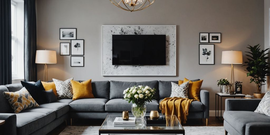 Modern living room with chic wall decorations and art.