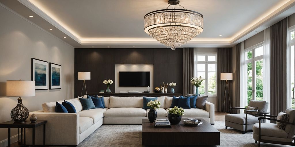 Modern sitting room with stylish ceiling light fixture