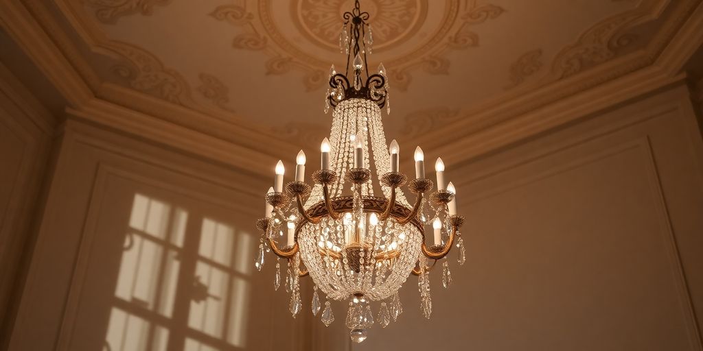 Elegant chandelier with crystals illuminating a stylish room.