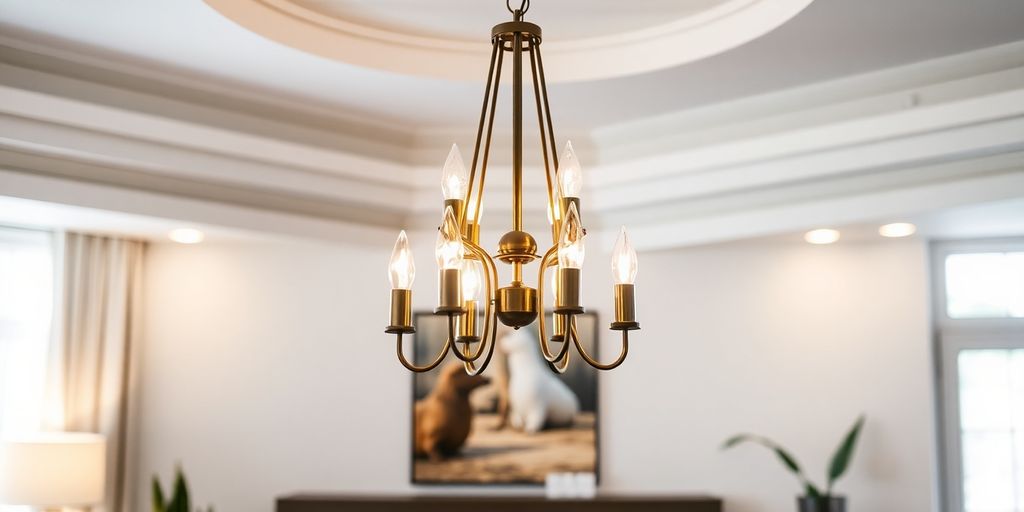 Modern chandelier illuminating a stylish living room.