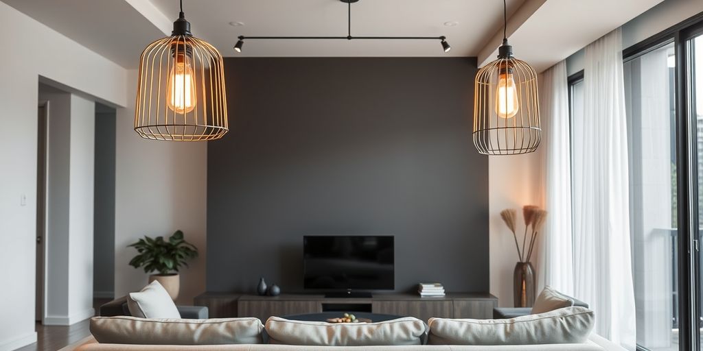 Modern living room with industrial cage pendant lights