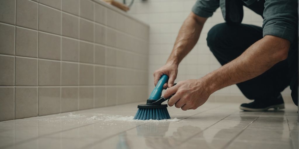 Cleaning bathroom grout with brush and cleaner