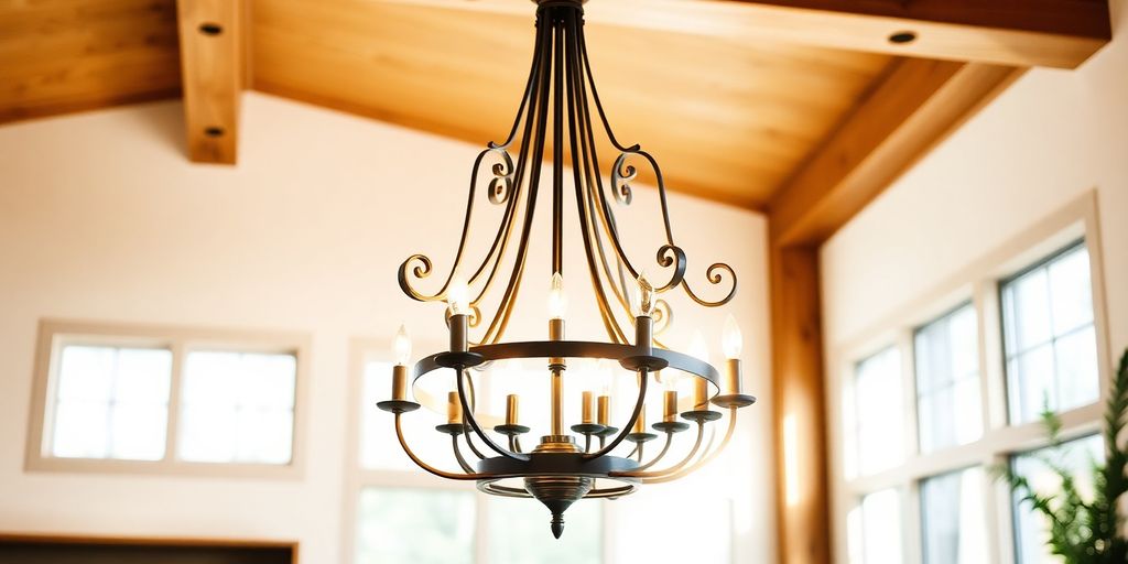 Modern farmhouse chandelier in a bright room.