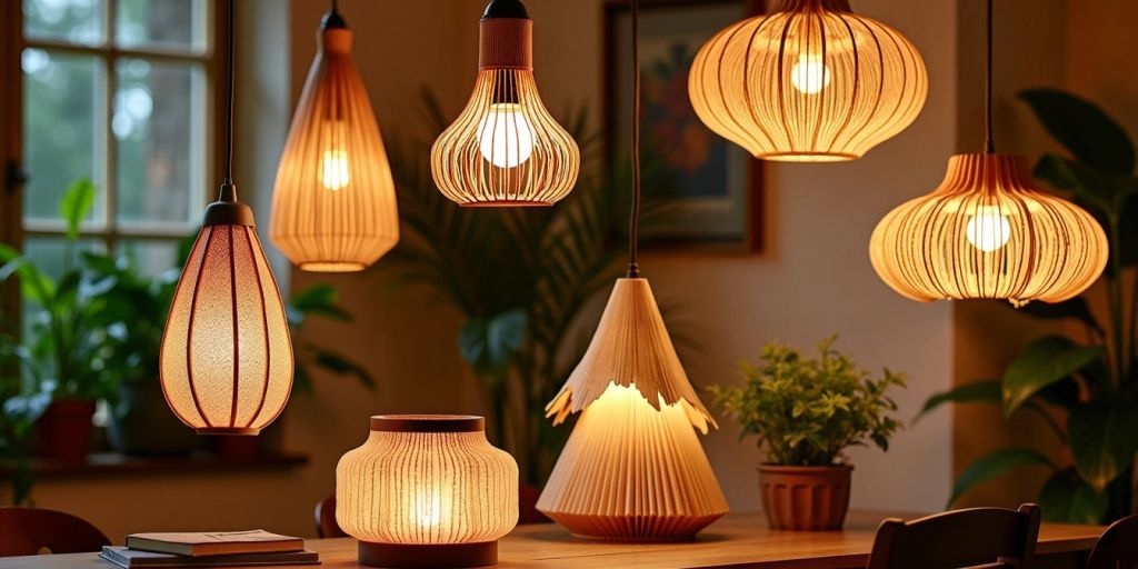 Unique nature-inspired light fixtures in a cozy setting.