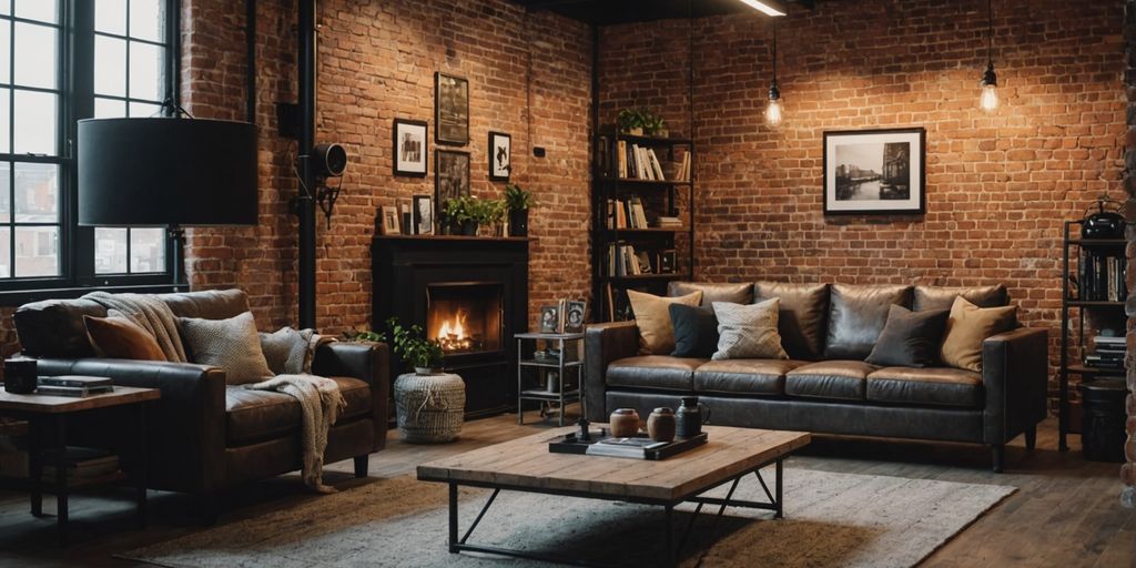 Industrial living room with brick walls and metal decor.