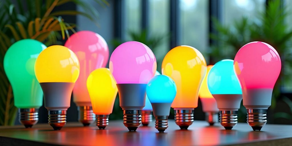 Colorful LED bulbs in an eco-friendly setting.