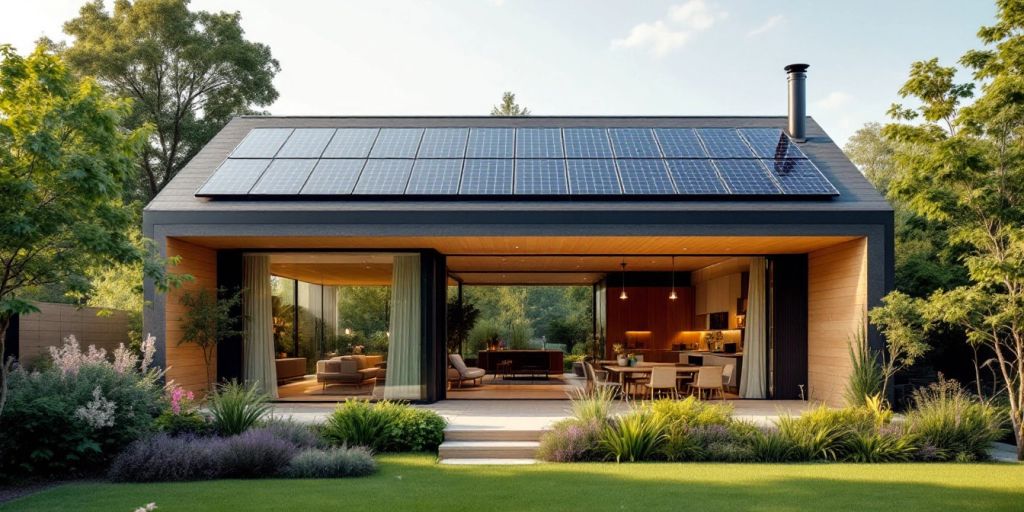 Energy-efficient home with solar panels and green landscape.