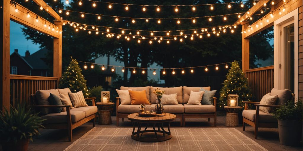 Outdoor string lights over cozy backyard seating area