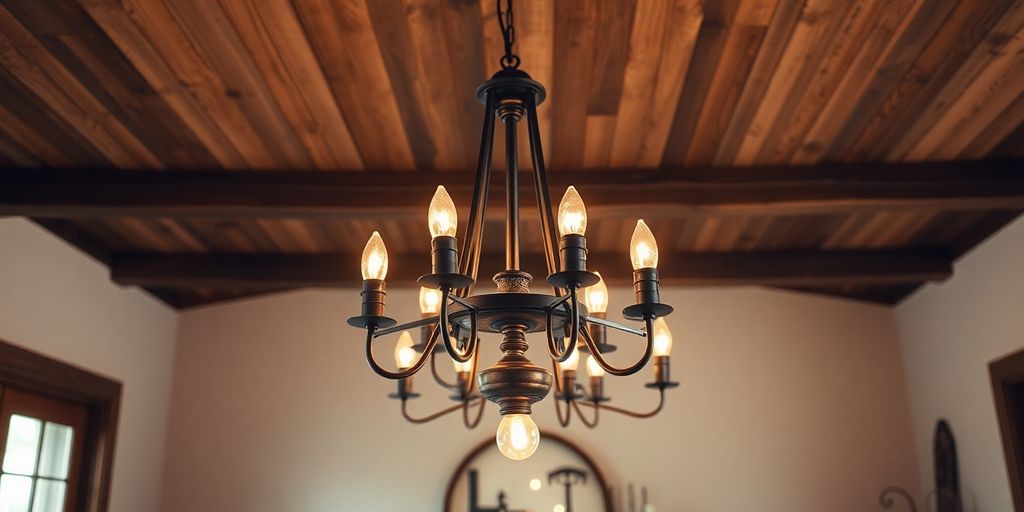 Farmhouse chandelier hanging in a rustic dining area.