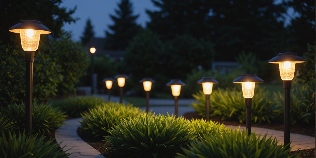 Solar garden lights in a landscaped yard at dusk.