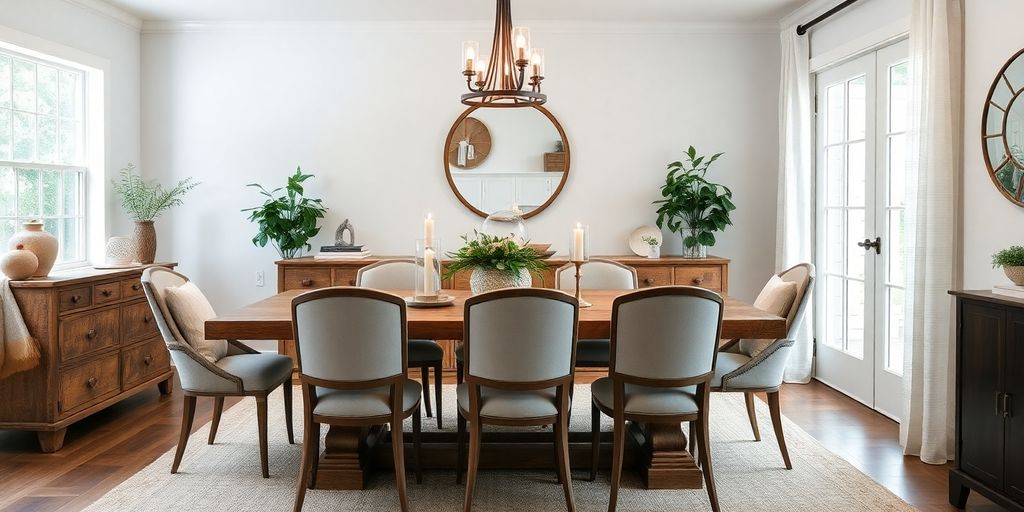 Cozy farmhouse dining room with elegant light fixtures.