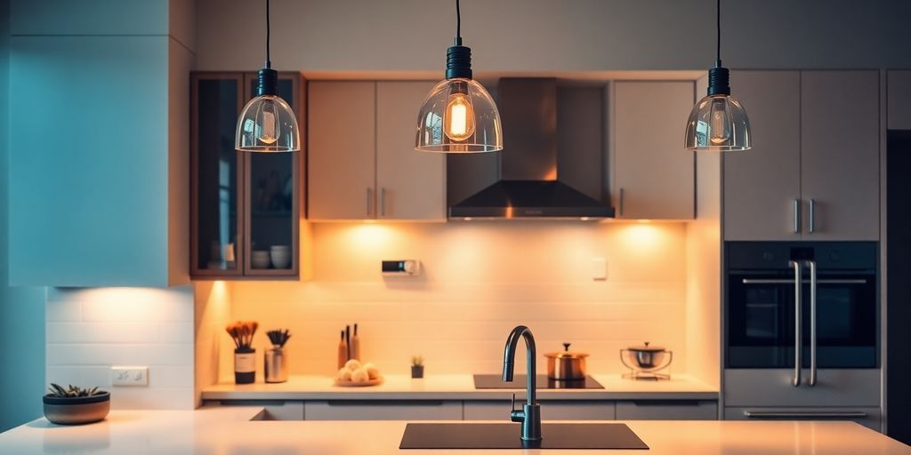 Stylish kitchen with elegant pendant lamps illuminating space.