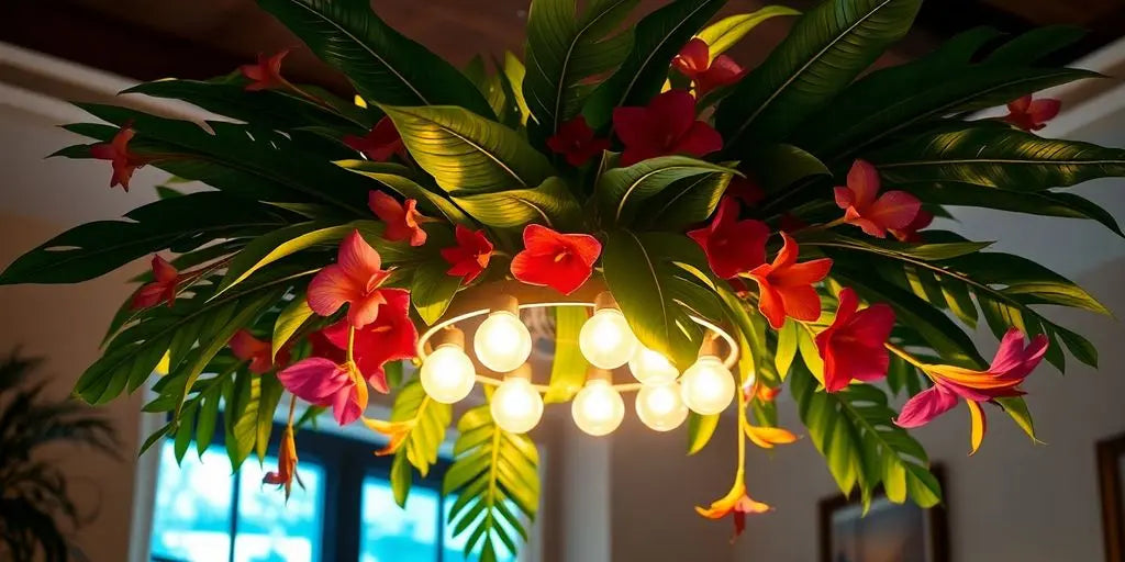 Tropical chandelier with flowers and leaves illuminating a room.