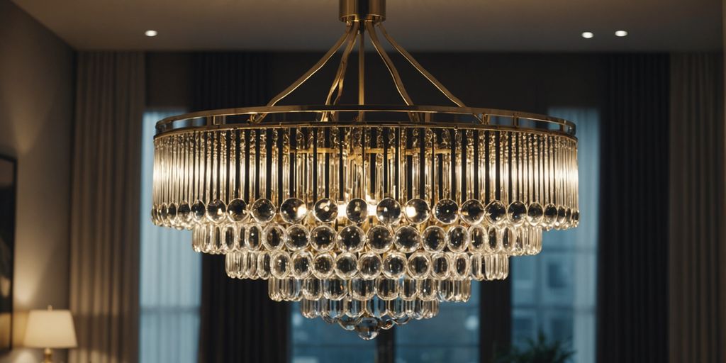 Chandelier in a modern living room with stylish decor.