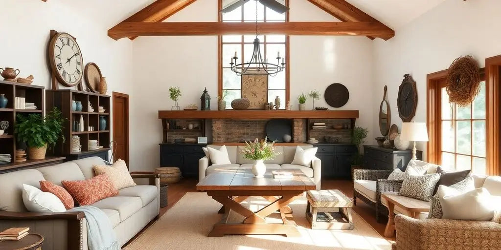 Cosy farmhouse living room with rustic decor elements.