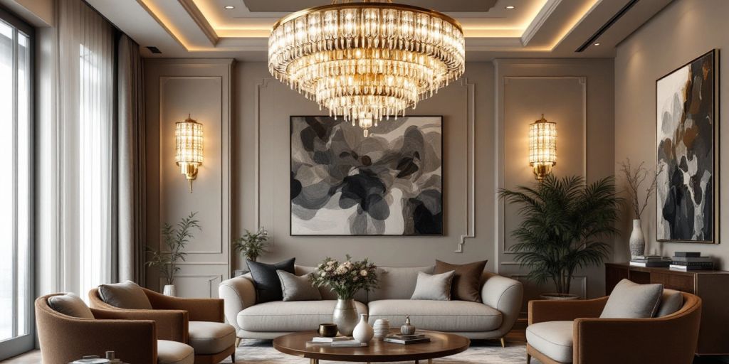 Elegant luxury chandelier in a stylish living room.