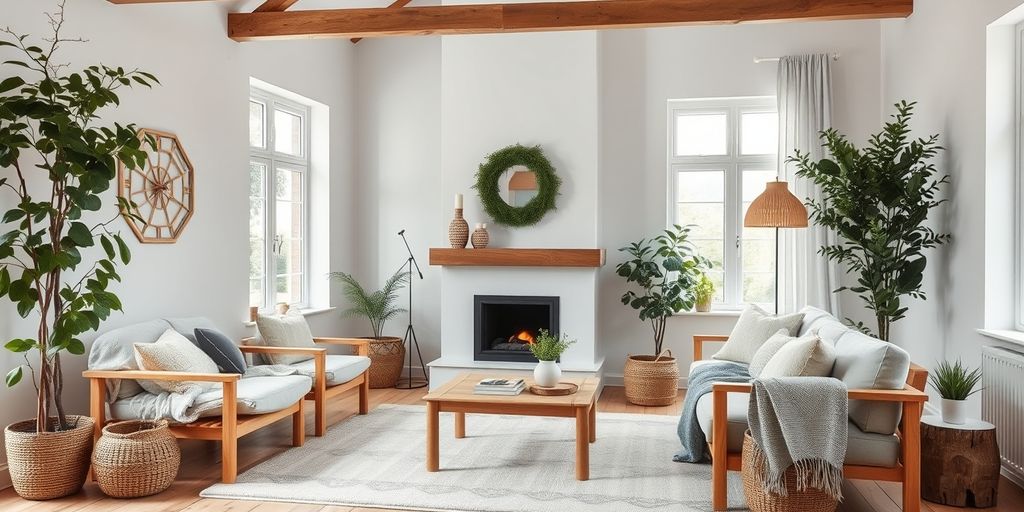 Cozy Scandinavian living room with natural decor elements.