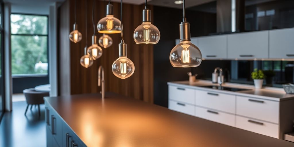 Stylish pendant lights in a modern kitchen