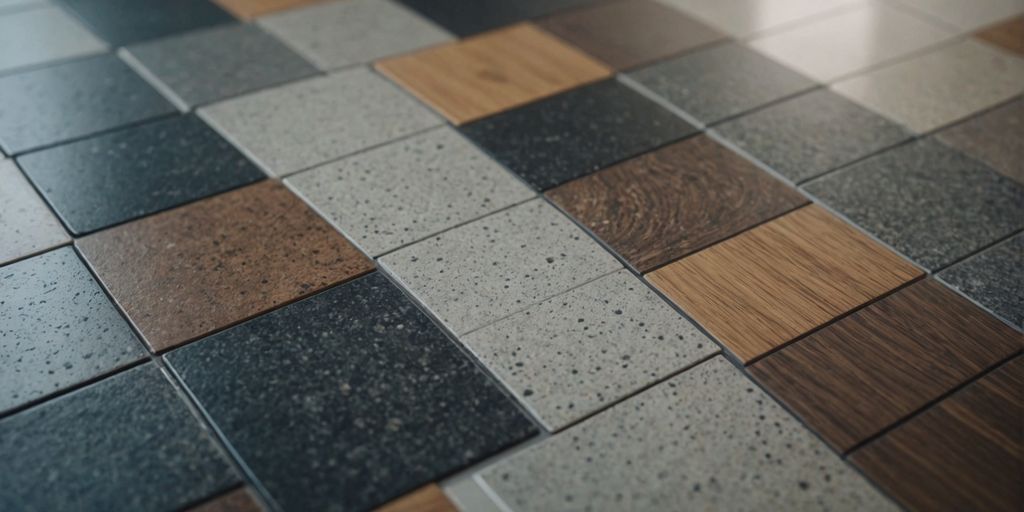 Different bathroom flooring options displayed in a neat arrangement.