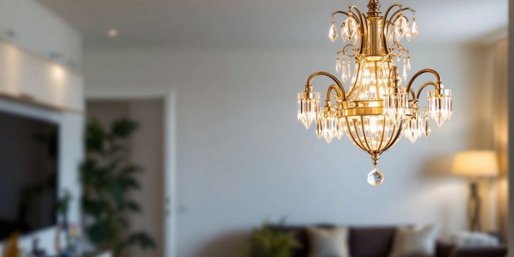 Elegant pendant chandelier illuminating a stylish living room.