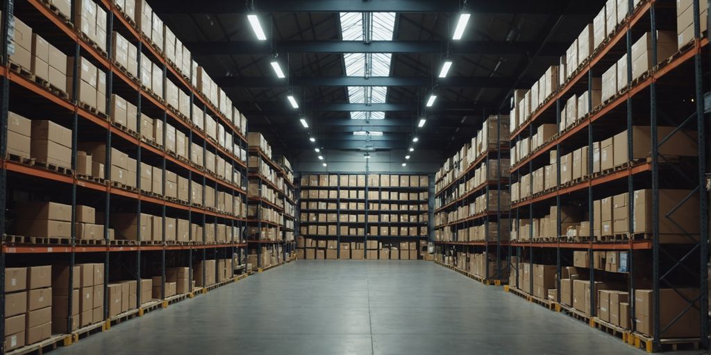 LED ceiling lights in warehouse with high shelves.