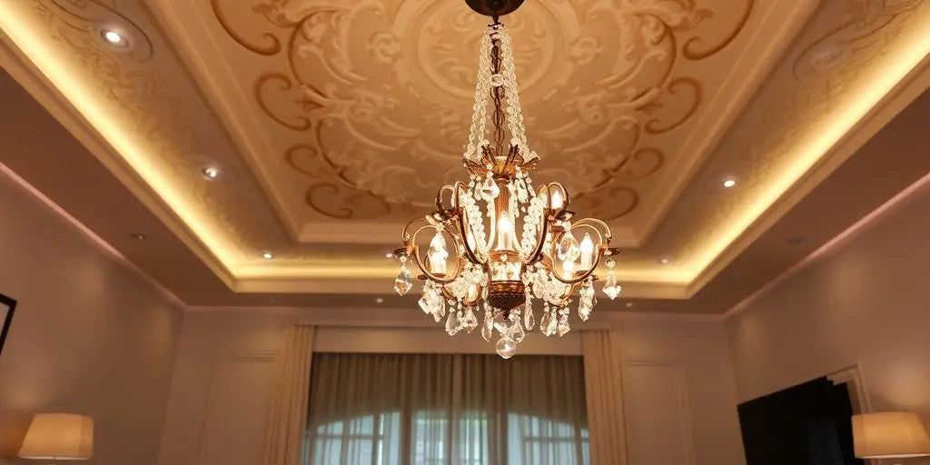 Elegant chandelier in a modern living room setting.