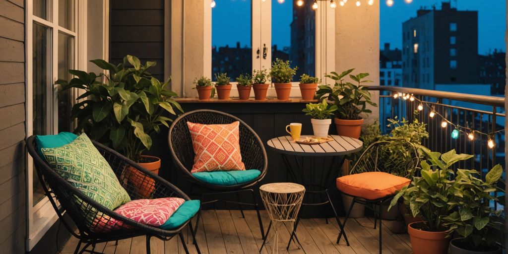 Cozy balcony with lights, plants, and colorful cushions.