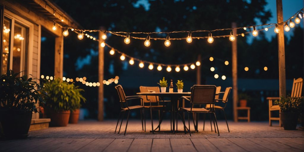 Patio illuminated by vintage outdoor string lights at dusk