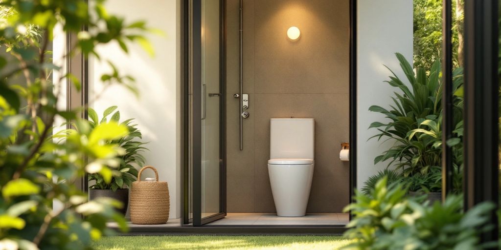 Modern garden room with shower and toilet in greenery.