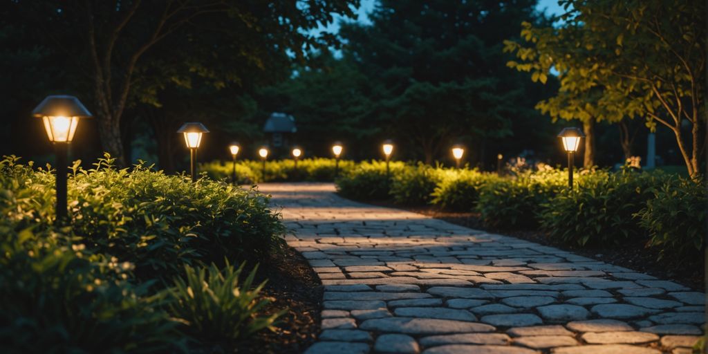 Solar garden path lights on a stone walkway at dusk.